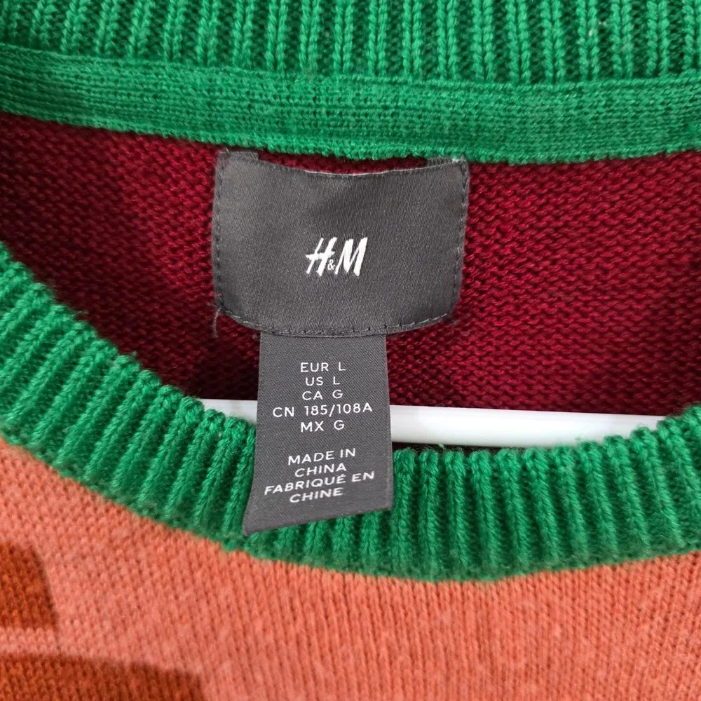 H&M Mens Ugly Christmas Sweater Size Large Red Fireplace 3D Stocking Holiday